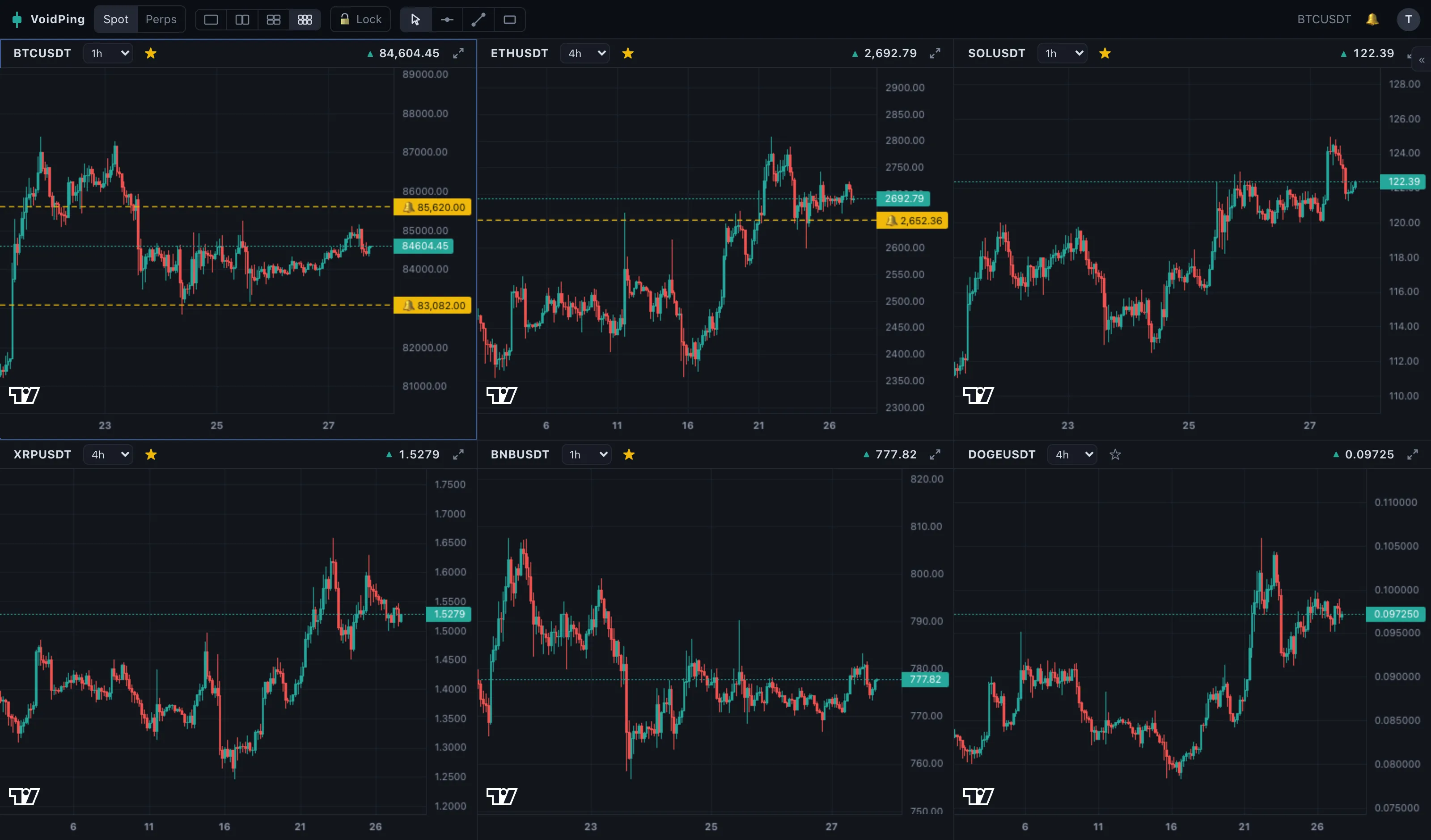 Six live crypto charts on one screen with price alert lines